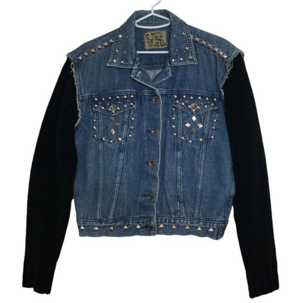 Vintage Denim Jacket Black Sweater Sleeves Women’s Size M